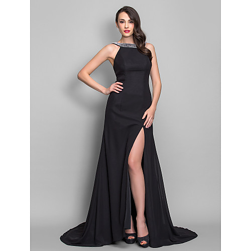 

Ball Gown Open Back Formal Evening Military Ball Dress Scoop Neck Sleeveless Sweep / Brush Train Chiffon with Pleats Split Front 2021