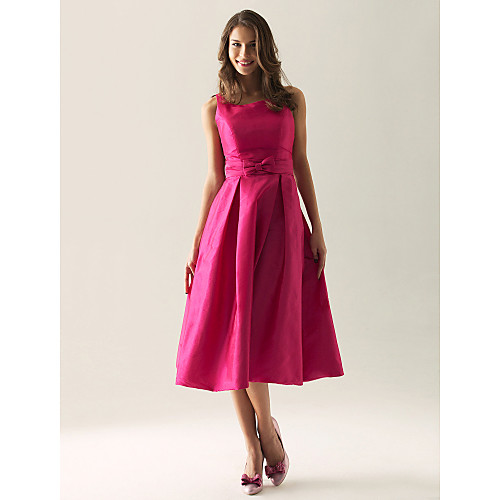 

Ball Gown / A-Line Straps Tea Length Taffeta Bridesmaid Dress with Bow(s) / Draping