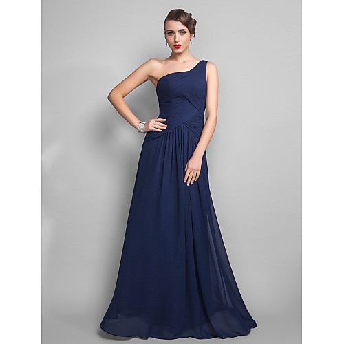 

Sheath / Column Open Back Formal Evening Military Ball Dress One Shoulder Sleeveless Floor Length Chiffon with Criss Cross Side Draping 2021
