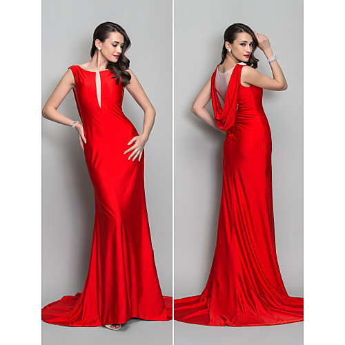 

Mermaid / Trumpet Elegant Formal Evening Dress Bateau Neck Sleeveless Sweep / Brush Train Jersey with Lace Crystal Brooch 2021