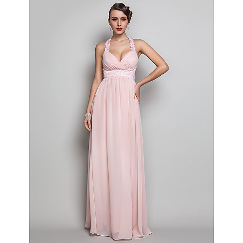 

Sheath / Column Elegant Open Back Prom Wedding Party Dress V Neck Sleeveless Floor Length Chiffon with Ruched Beading 2021