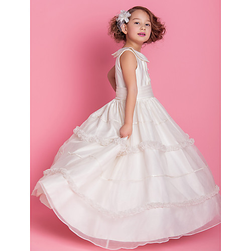 

Ball Gown / A-Line Floor Length First Communion / Wedding Party Organza / Satin Sleeveless Jewel Neck with Buttons / Ruched / Ruffles / Spring / Fall / Winter
