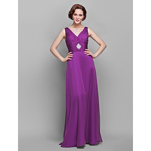 

Sheath / Column Mother of the Bride Dress V Neck Floor Length Chiffon Sleeveless with Criss Cross Ruched Crystals 2021