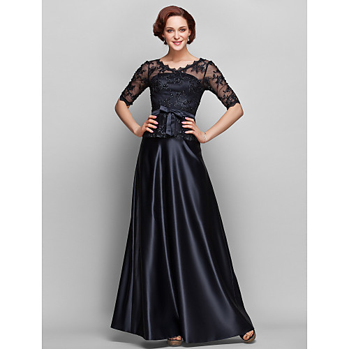 

A-Line Mother of the Bride Dress See Through V Neck Floor Length Lace Satin Half Sleeve with Lace Bow(s) Beading 2021