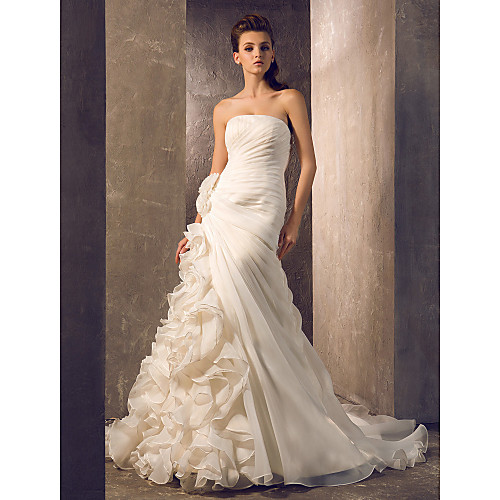 

Mermaid / Trumpet Wedding Dresses Strapless Court Train Organza Sleeveless with Flower Cascading Ruffle Side-Draped 2021