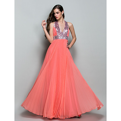 

A-Line Vintage Inspired Prom Formal Evening Military Ball Dress Halter Neck Sleeveless Floor Length Chiffon with Crystals Sequin 2021