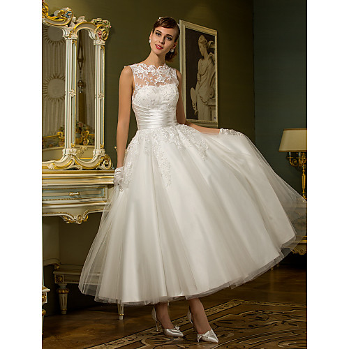 

A-Line Wedding Dresses High Neck Ankle Length Lace Over Tulle Regular Straps Vintage Little White Dress Illusion Detail with Sash / Ribbon Ruched Appliques 2021