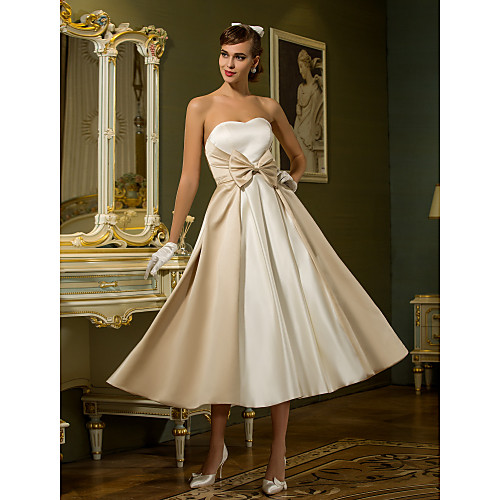

A-Line Wedding Dresses Sweetheart Neckline Tea Length Satin Strapless Casual Vintage Little White Dress Plus Size with Bowknot 2021