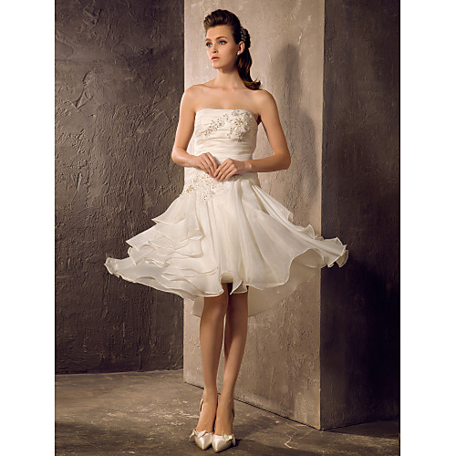 

A-Line Wedding Dresses Strapless Knee Length Organza Strapless Formal Casual Sparkle & Shine with Ruched Beading Appliques 2021