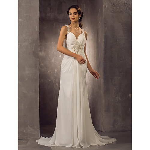 

Sheath / Column Wedding Dresses Sweetheart Neckline Sweep / Brush Train Chiffon Regular Straps with Ruched Beading 2021