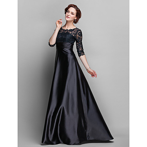 

A-Line Mother of the Bride Dress See Through Jewel Neck Sweep / Brush Train Lace Over Satin Half Sleeve with Lace Ruched Crystals 2021
