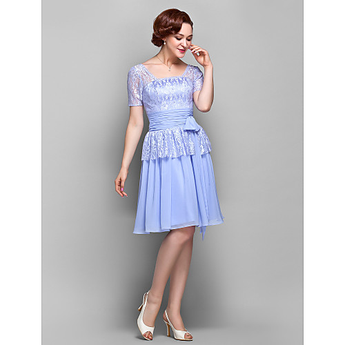 

A-Line Mother of the Bride Dress Square Neck Knee Length Chiffon Lace Short Sleeve with Lace Bow(s) Ruched 2021