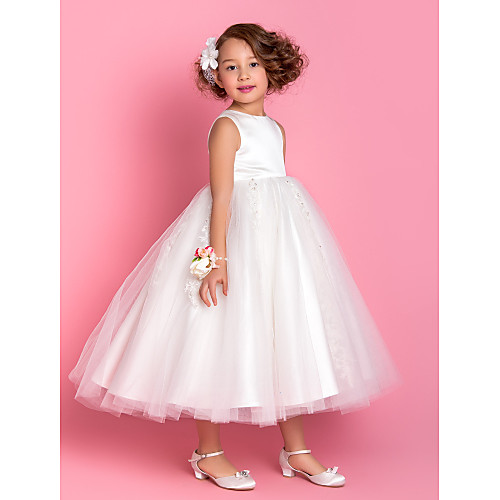 

Princess / A-Line Tea Length Wedding / First Communion Flower Girl Dresses - Satin / Tulle Sleeveless Jewel Neck with Beading / Appliques / Spring / Summer / Fall / Winter
