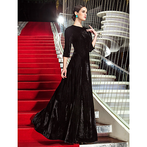 

A-Line Celebrity Style Inspired by Cannes Film Festival Vintage Inspired Formal Evening Military Ball Dress Jewel Neck 3/4 Length Sleeve Floor Length Velvet with Pleats 2021
