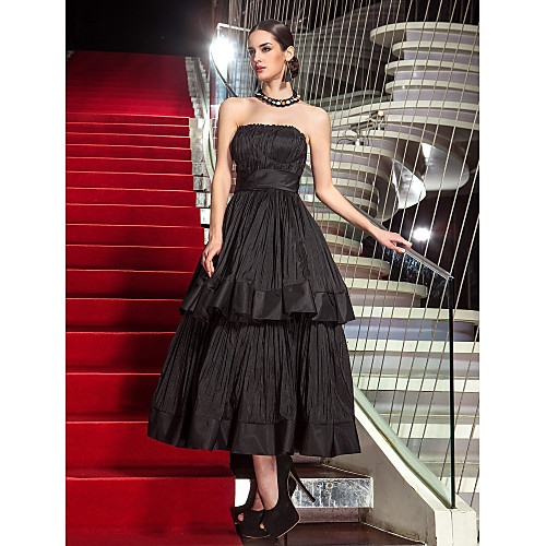

A-Line Little Black Dress Minimalist Elegant Prom Formal Evening Dress Strapless Sleeveless Tea Length Taffeta with Pleats 2021
