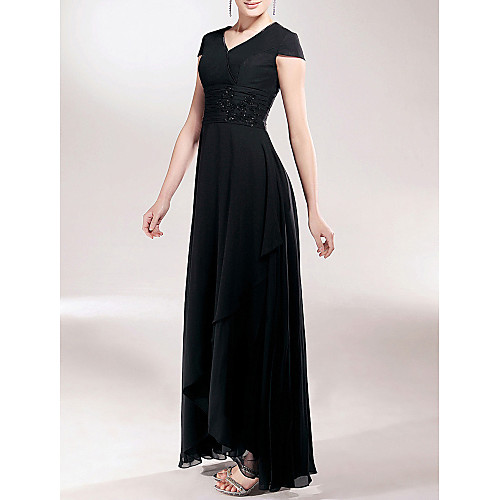 

Sheath / Column Mother of the Bride Dress Little Black Dress V Neck Asymmetrical Chiffon Short Sleeve with Ruched Beading Appliques 2021