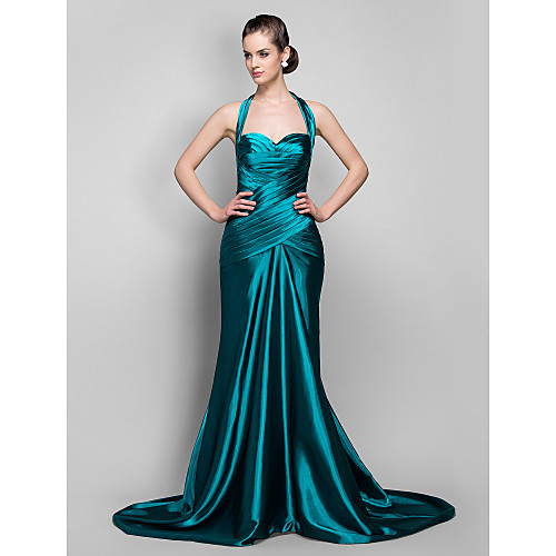 

Mermaid / Trumpet Vintage Inspired Formal Evening Military Ball Dress Halter Neck Sleeveless Sweep / Brush Train Stretch Satin with Criss Cross Ruched 2021