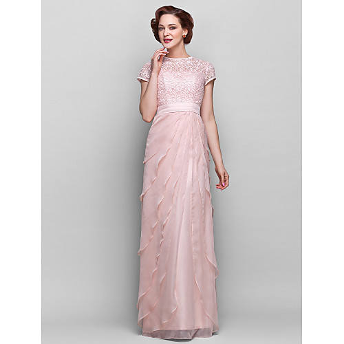

Sheath / Column Mother of the Bride Dress Jewel Neck Floor Length Chiffon Lace Short Sleeve with Lace Ruffles 2021
