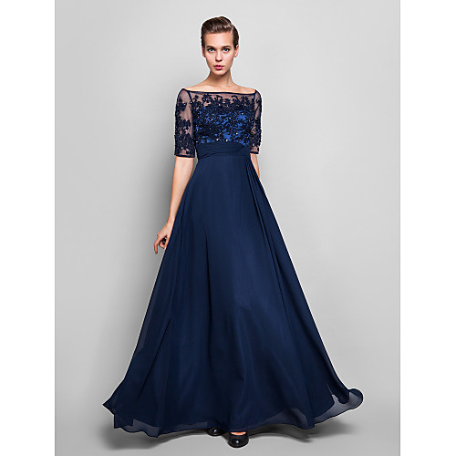 

Sheath / Column Vintage Inspired Formal Evening Dress Illusion Neck Half Sleeve Floor Length Chiffon Lace Over Tulle with Beading Appliques 2021