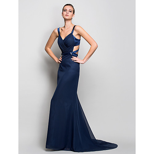 

Mermaid / Trumpet Beautiful Back Formal Evening Military Ball Dress Straps Sleeveless Sweep / Brush Train Chiffon with Side Draping 2021