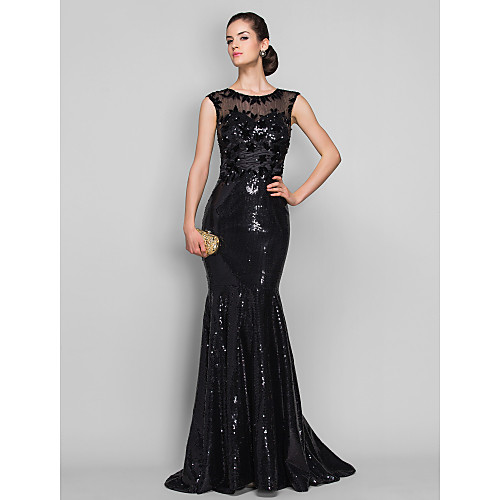 

Mermaid / Trumpet Beautiful Back Elegant Sparkle & Shine Formal Evening Black Tie Gala Dress Illusion Neck Sleeveless Sweep / Brush Train Tulle Sequined with Sequin Appliques 2021