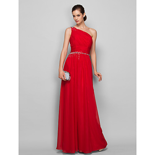 

Sheath / Column Minimalist Elegant Prom Formal Evening Dress One Shoulder Sleeveless Floor Length Chiffon with Ruched Beading 2021