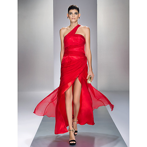 

Sheath / Column Open Back Prom Formal Evening Military Ball Dress One Shoulder Ankle Length Chiffon Stretch Satin with Lace Side Draping 2021