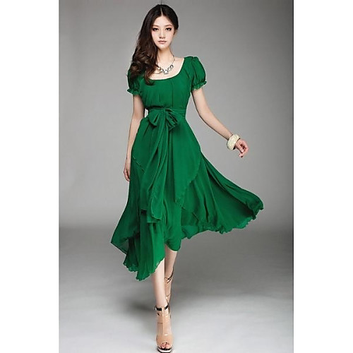 

Swing Dress Midi Dress Black Red Green Short Sleeve Solid Colored Cut Out Bow Fall Spring U Neck M L XL XXL