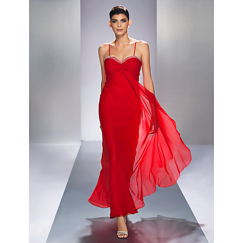 

Sheath / Column Elegant Open Back Prom Formal Evening Military Ball Dress Spaghetti Strap Sleeveless Ankle Length Chiffon with Criss Cross Beading 2021