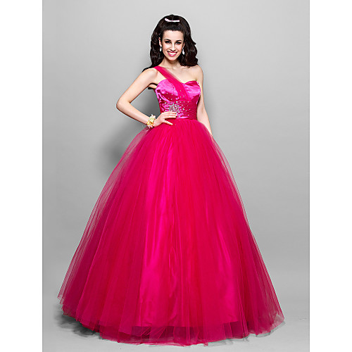 

Ball Gown Vintage Inspired Quinceanera Prom Formal Evening Dress One Shoulder Sleeveless Floor Length Tulle Stretch Satin with Ruched Beading 2021