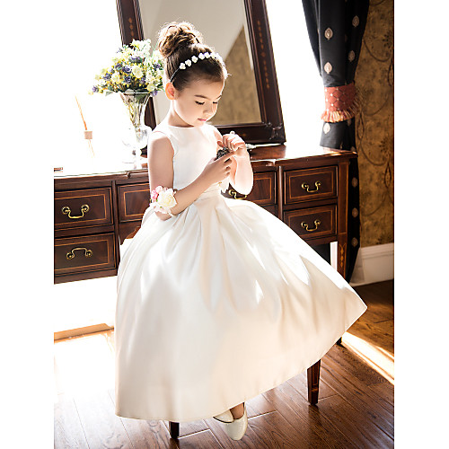 

Princess / A-Line Tea Length Wedding / First Communion Flower Girl Dresses - Satin Sleeveless Jewel Neck with Bow(s) / Ruched