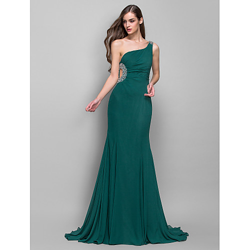 

Mermaid / Trumpet Open Back Formal Evening Military Ball Dress One Shoulder Sleeveless Sweep / Brush Train Chiffon with Beading Side Draping 2021