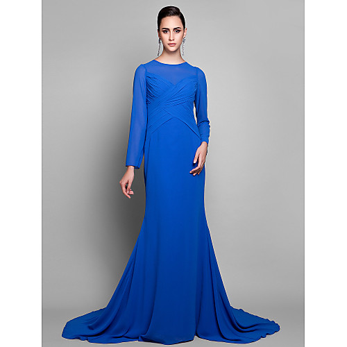 

Mermaid / Trumpet Elegant Formal Evening Dress Jewel Neck Long Sleeve Court Train Georgette with Criss Cross Side Draping 2021