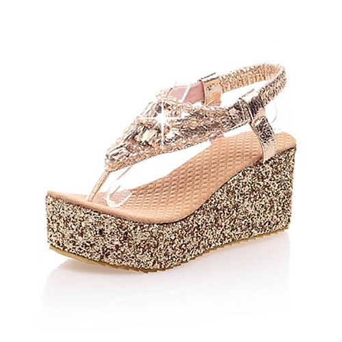 

Women's Wedge Sandals Glitter Crystal Sequined Jeweled Wedge Heels Platform Wedge Heel Beach Leatherette Buckle Summer Silver Gold / Platform Sandals