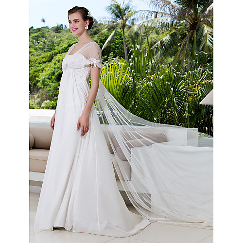 

A-Line Wedding Dresses V Neck Sweep / Brush Train Tulle Georgette Short Sleeve Vintage Inspired with Beading Lace Insert 2021 / Removable train