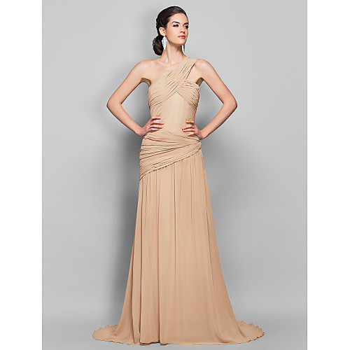 

Sheath / Column Open Back Formal Evening Military Ball Dress One Shoulder Sleeveless Sweep / Brush Train Georgette with Criss Cross Side Draping 2021