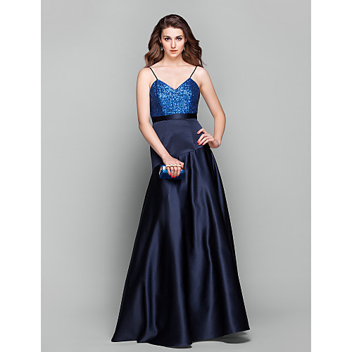 

A-Line Celebrity Style Elegant Sparkle & Shine Prom Formal Evening Military Ball Dress V Neck Sleeveless Floor Length Satin Sequined with Sash / Ribbon Sequin 2021