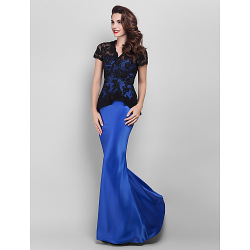 

Mermaid / Trumpet Holiday Cocktail Party Prom Dress V Neck Short Sleeve Floor Length Lace Satin with Lace Appliques 2021