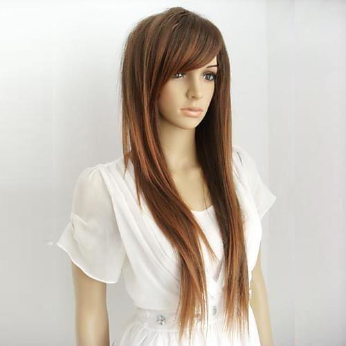 

Synthetic Wig Straight Straight With Bangs Wig Long Light Brown Synthetic Hair 28 inch Women's Highlighted / Balayage Hair Brown hairjoy