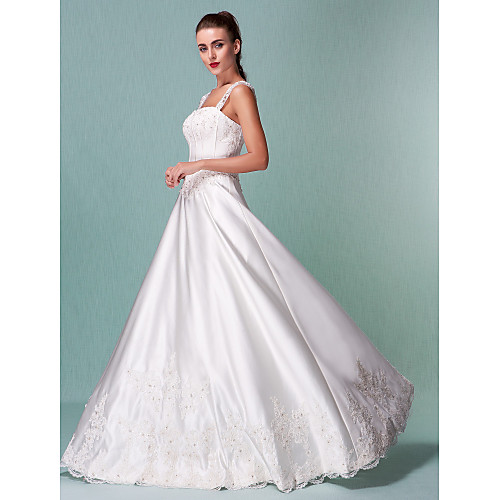 

A-Line Wedding Dresses Square Neck Floor Length Satin Beaded Lace Regular Straps Glamorous Sparkle & Shine with Sequin Appliques 2021