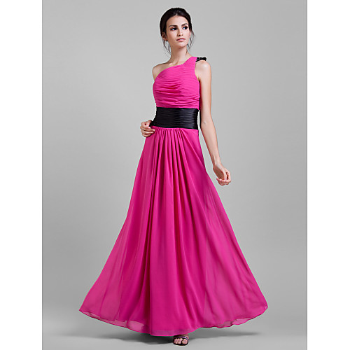 

Sheath / Column One Shoulder Floor Length Chiffon Bridesmaid Dress with Sash / Ribbon / Pleats / Draping