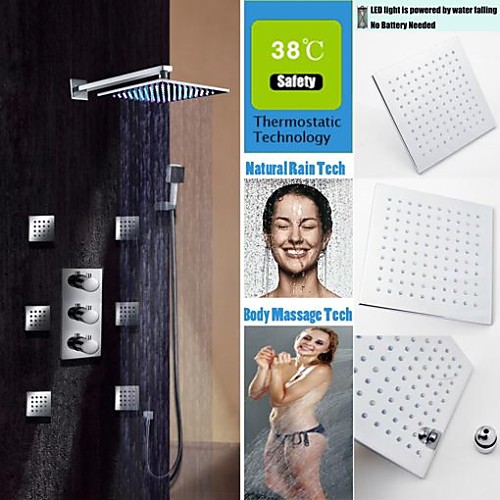 

Shower Faucet Set - Handshower Included Thermostatic LED Contemporary Chrome Wall Mounted Brass Valve Bath Shower Mixer Taps