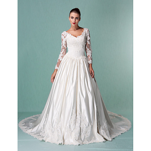 

Ball Gown Wedding Dresses V Neck Cathedral Train Satin Tulle Long Sleeve with Beading Appliques 2021