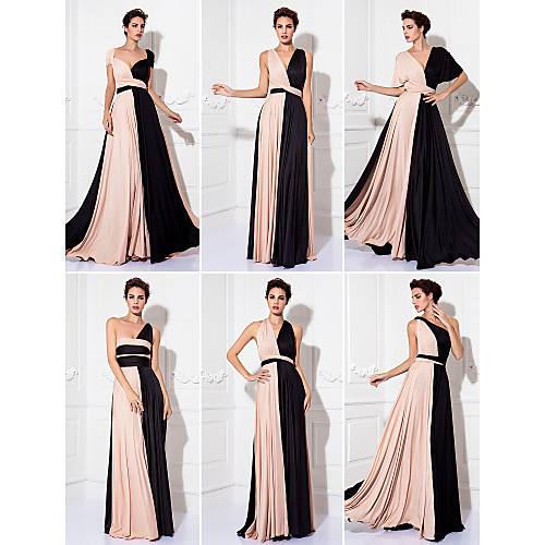 

Sheath / Column Color Block Holiday Cocktail Party Prom Dress Y Neck Sleeveless Floor Length Knit with Sash / Ribbon Pleats 2021