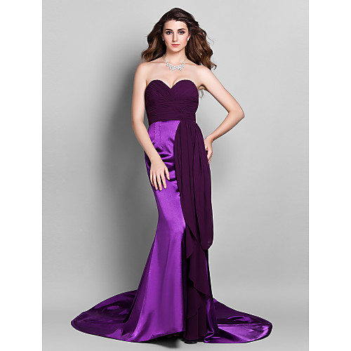 

Mermaid / Trumpet Formal Evening Dress Sweetheart Neckline Sleeveless Court Train Stretch Satin Georgette with Criss Cross Ruched 2021