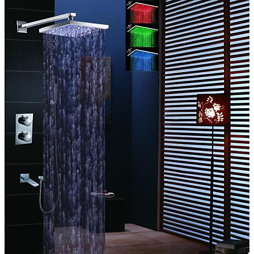 

Shower Faucet Set - Handshower Included Thermostatic LED Contemporary Chrome Mount Inside Brass Valve Bath Shower Mixer Taps