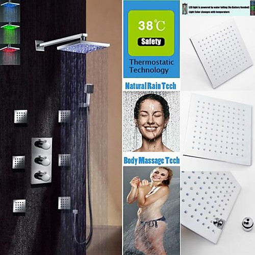 

Shower Faucet Set - Handshower Included Thermostatic LED Contemporary Chrome Wall Mounted Brass Valve Bath Shower Mixer Taps