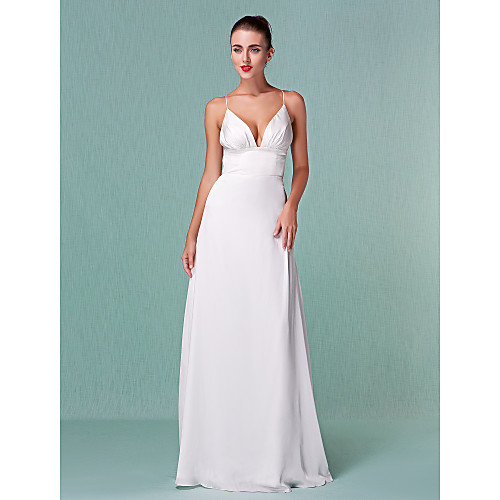 

Sheath / Column Wedding Dresses V Neck Floor Length Chiffon Spaghetti Strap Sexy Backless with Draping 2021