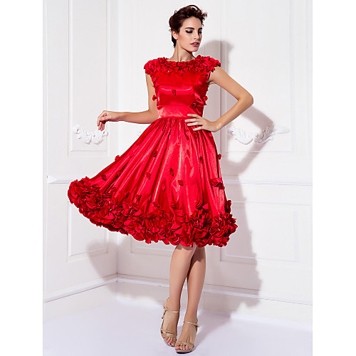 

A-Line Floral Cocktail Party Prom Valentine's Day Dress Jewel Neck Short Sleeve Knee Length Stretch Satin with Appliques 2021