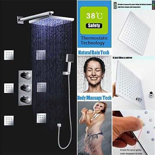 

Shower Faucet Set - Handshower Included Thermostatic LED Contemporary Chrome Mount Inside Brass Valve Bath Shower Mixer Taps